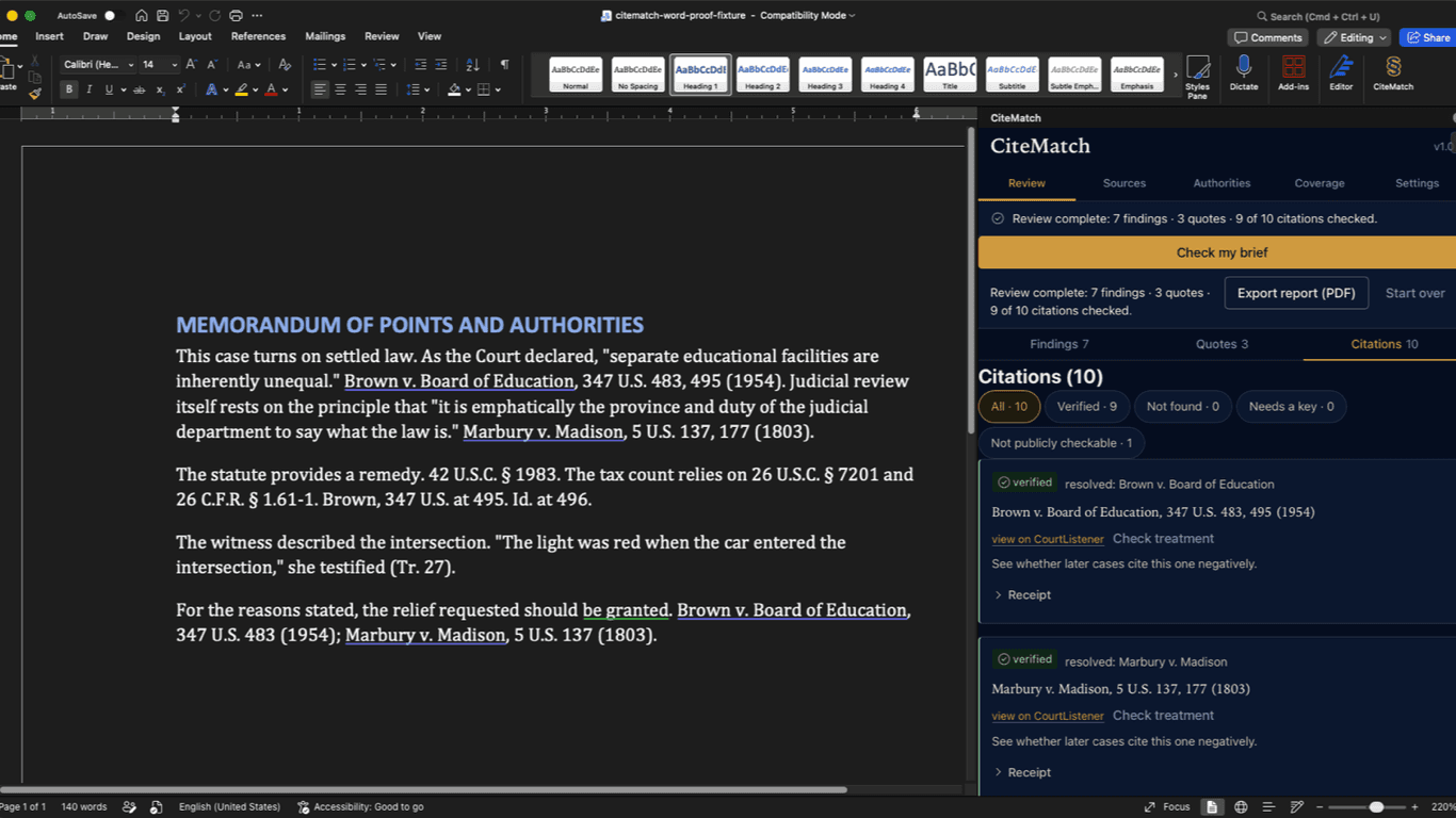Word with the CiteMatch pane open, showing a finished review: 7 findings, 3 quotes, 9 of 10 cites checked, with verified results for Brown v. Board of Education and Marbury v. Madison.