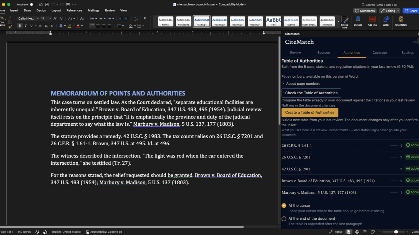 The CiteMatch Authorities tab showing a Table of Authorities preview built from five cites, with page numbers and a Create a Table of Authorities button.